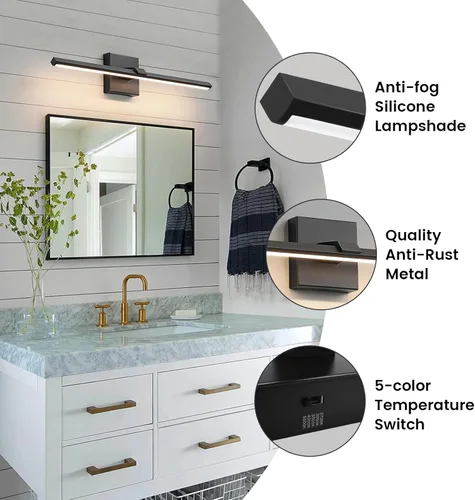 Vista 4 de Lámpara de Tocador de Baño Negra - Lámpara de Baño Moderna de 24 Pulgadas Sobre Espejo 18W 5CCT LED Regulable Barra de Luz de Tocador