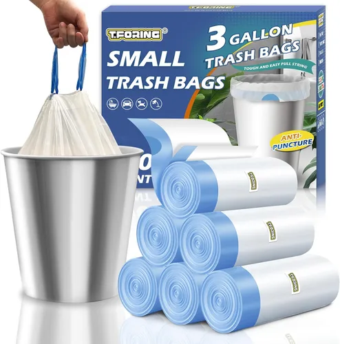 Vista 20 de Bolsas de basura de 2 galones con cordón de 0.96 mil - 120 unidades Bolsas de basura pequeñas sin aroma, blancas Forros mini para botes de basura