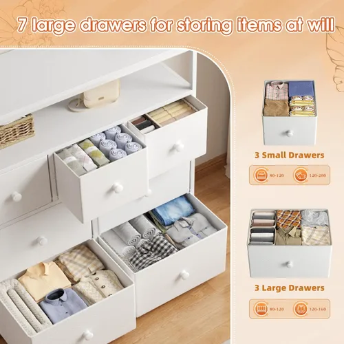 Vista 4 de EnHomee Cómoda para dormitorio con 7 cajones y 2 estantes abiertos, soporte de TV para dormitorio, cómoda blanca para pasillo, entrada, dormitorio