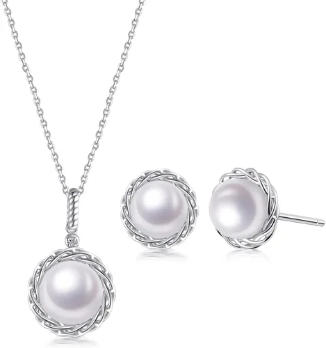 immobird Pearl Set Jewelry for Women Sterling Silver Real Pearl Earrings and Necklace Set for Women Pearl Bridal Jewelry Set for Wedding