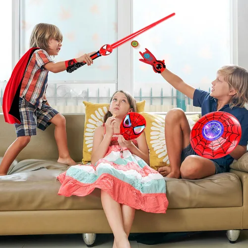 Vista 5 de Bofootts Máscaras LED para disfraz de araña, capas de héroe, espada de luz LED ajustable, brillo LED, juguetes lanzadores de héroes para fanáticos