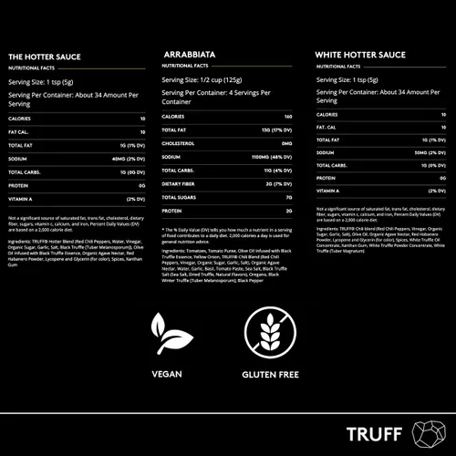 Vista 3 de TRUFF - Spicy Lovers Pack. Salsa picante Truff, salsa blanca más picante y salsa de pasta de arrabbiata de trufa negra Truff, paquete de 3 botellas.