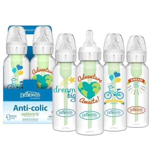Vista 12 de Dr. Brown's Natural Flow Anti-Colic Options+ Biberón de cuello estrecho, 4 oz/120 mL, con tetina de flujo lento nivel 1, 0m+, paquete de 4