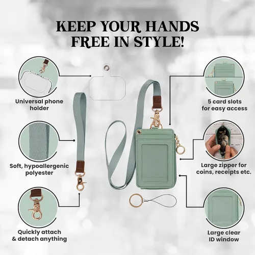 Vista 4 de Mondo Designs Soporte de tarjetas de ID 2 en 1, cartera chica multiusos, correa de muñeca extraíble, cordón para cuello, ventana clara, 5 ranuras