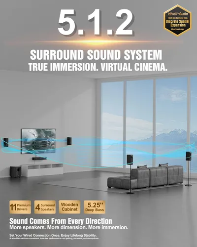 Vista 2 de Barras de sonido de madera 5.1.2, 4 altavoces envolventes con cable, sistema de sonido envolvente virtual, barra de sonido para altavoz de TV