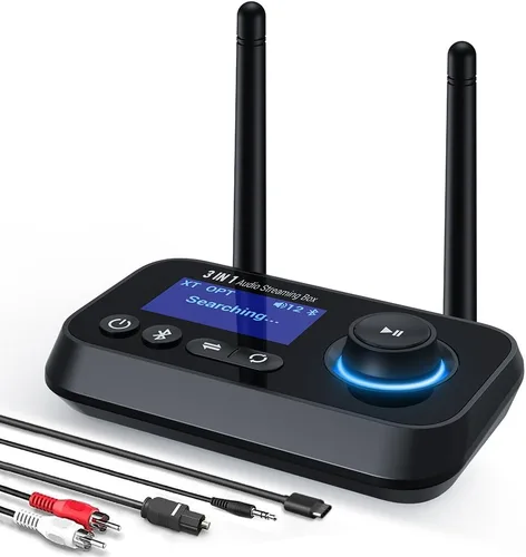 Bluetooth Transmitter Receiver 3-in-1 Bluetooth 5.3 Audio Adapter for 2 Headphones with Dual Antenna Bypass Volume Control LCD Display 3.5mm