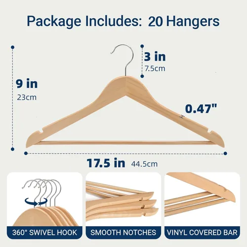 Vista 2 de Amber Home Paquete de 20 perchas de madera para abrigos, perchas de madera natural con barra antideslizante para pantalones, perchas