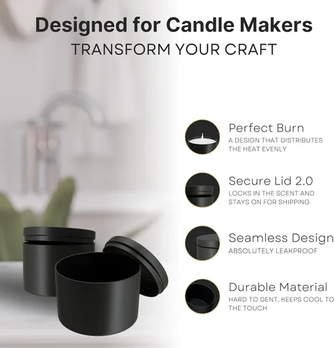 Vista 3 de True Candle Latas para hacer velas – Paquete de 24 recipientes de vela negros de 4 onzas a granel de 4 onzas – Latas vacías con tapas para velas
