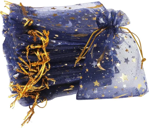SUMAJU 100 bolsas de organza con estrella de luna, 2.7 x 3.5 pulgadas, bolsa de organza azul marino transparente, pequeñas bolsas de regalo con Azul