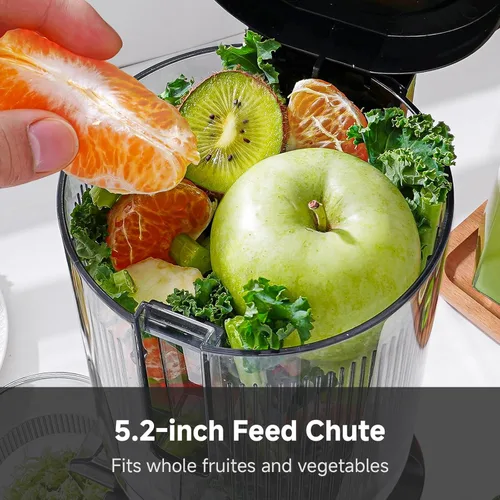Vista 2 de Máquinas exprimidoras de prensado en frío con autoalimentación extra de 5.4 pulgadas para vegetales y frutas enteros, extractor de jugo con barrena