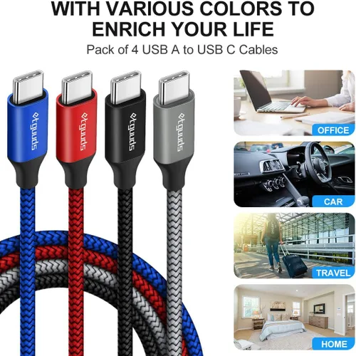 Vista 2 de etguuds Cable USB tipo C 3A de carga rápida 4 unidades, 6 pies, cable de carga USB A a C trenzado de nailon compatible con Samsung Galaxy S20 S10 S9