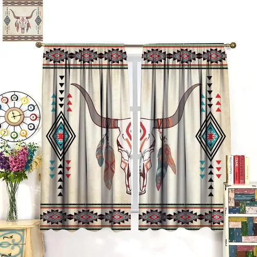 Vista 300 de Cortinas con patrón geométrico tribal, estilo suroeste, azteca, rústico, occidental, nativo americano, opacas, con bolsillo para barra, decoración