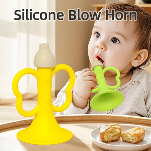 Vista 8 de Juguete de trompeta para bebé de 6 a 12 meses, juguete de silicona para sonar bocina de bebé con 2 piezas de color amarillo y verde para juego