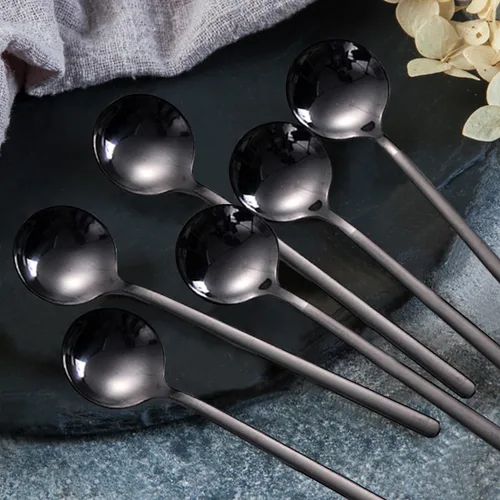 Vista 2 de Juego de 6 cucharas de café expreso de acero inoxidable, mini cucharaditas negras de 5.3 pulgadas para café, té británico, postre, pastel, helado