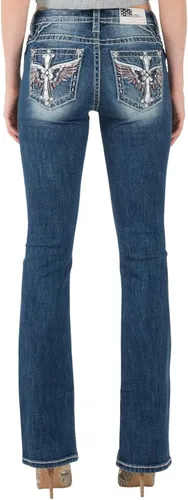 Miss Me Jeans de tiro medio para mujer con corte cruzado del orgullo americano entrepierna de 32 pulgadas Azul Patchwork 28