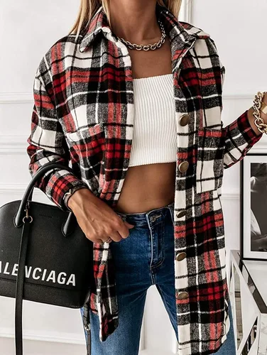 Vista 2 de Camisa de franela a cuadros para mujer, de manga larga, informal, longitud intermedia, con botones y bolsillos