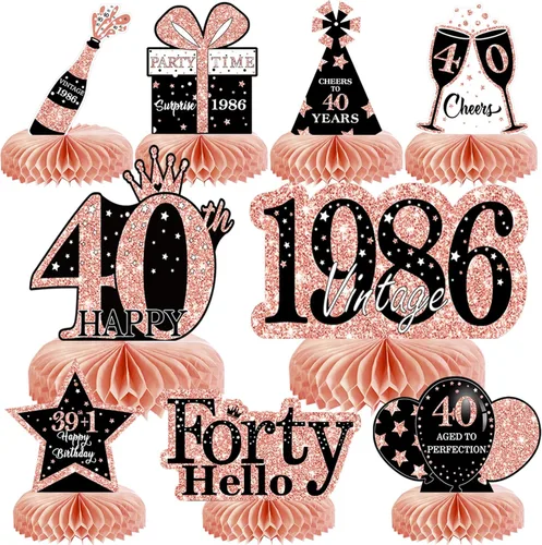 Vista 25 de 9 piezas de decoración de cumpleaños negro dorado 16 centros de mesa de panal para niños y niñas, centros de mesa de feliz cumpleaños 16