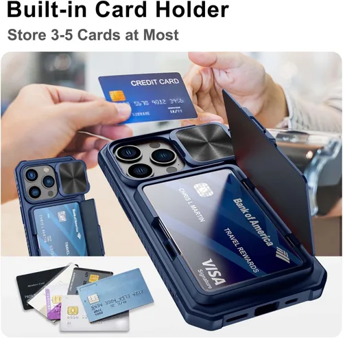 Vista 2 de Funda tipo cartera para iPhone 15 Pro con tarjetero (4-5 tarjetas) y funda para cámara deslizante y soporte, protección contra caídas de grado