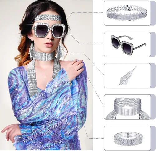 Vista 4 de Xtinmee Conjunto de 6 piezas de traje de discoteca de los años 70 para mujer, disfraz de discoteca, overol de joyería, diadema, pulsera, collar