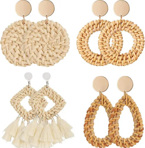 4 Pairs Rattan Earrings Lightweight Geometric Tassel Woven Bohemian Earrings Handmade Straw Wicker Braid Hoop Drop Dangle Earrings For Women Girls