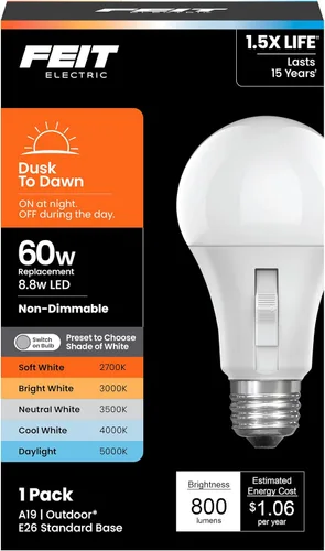 Vista 11 de Bombilla LED con sensor de movimiento Feit Electric, A19 equivalente a 60 W, 5CCT, no regulable, base media E26, CRI 90, 800 lúmenes, blanco