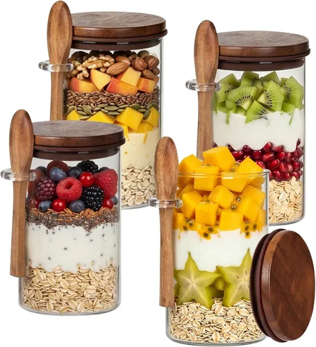 Tarros de avena Overnight con tapas y cucharas de madera de acacia de Spreccio