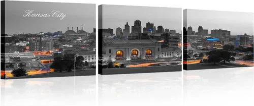Vista 47 de 3 paneles de Atlanta Skyline vista de la ciudad en blanco y negro, imágenes panorámicas de edificio de ciudad, decoración de pared para sala