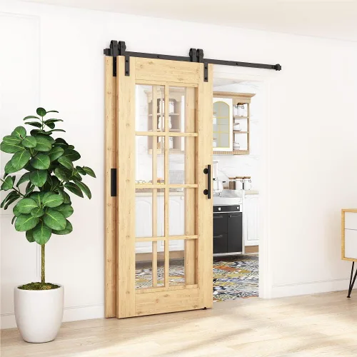 Vista 3 de ZEKOO Kit de Herrajes para Puerta de Granero Bypass de 5 Pies, Riel Único, Uso para Puertas de Madera Dobles, Rodillo de Riel Plano, Techo Bajo