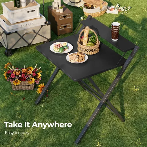 Vista 8 de GreenForest Escritorio plegable sin montaje, escritorio compacto de 2 niveles para computadora con estante, mesa plegable que ahorra espacio