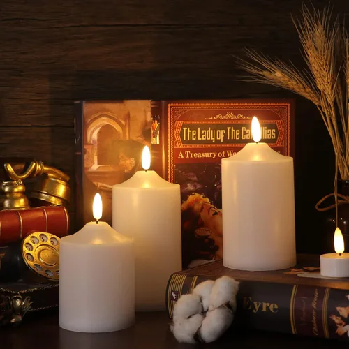 Vista 6 de GenSwin Velas parpadeantes sin llama, velas LED impermeables con control remoto y temporizador, velas de pilar de mecha 3D que funcionan