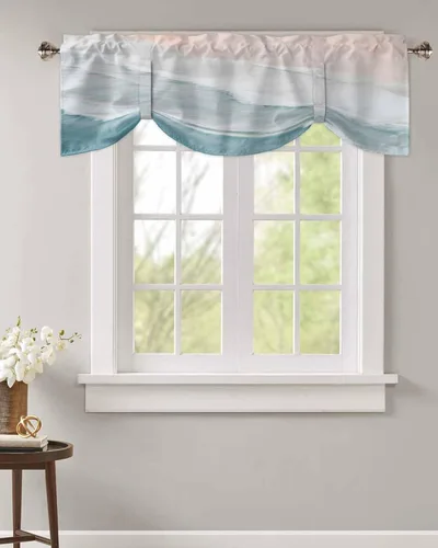 Vista 2 de Cortinas de verano con cenefa de amarre para ventanas, cortinas costeras de cocina costeras para ventanas, cortinas náuticas junto al mar, beige