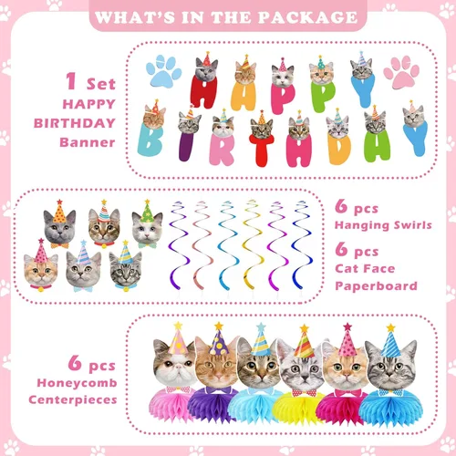 Vista 5 de GOYOSWA Decoraciones de cumpleaños con temática de gato, incluye 1 pancarta de cumpleaños, 6 centros de mesa de panal, 6 espirales colgantes con 6