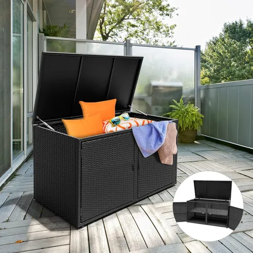 Vista 2 de Tangkula Caja de almacenamiento de mimbre para exteriores, contenedor de terraza de jardín con marco de acero, caja de almacenamiento de ratán
