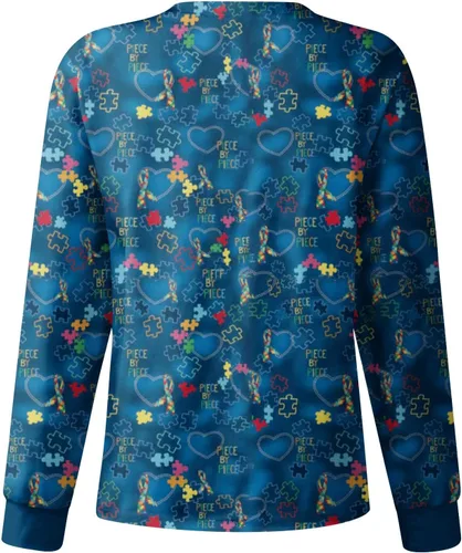 Vista 2 de Chaqueta quirúrgica estampada para mujer, con cierre frontal, lindo patrón de animales, manga larga, uniformes de trabajo