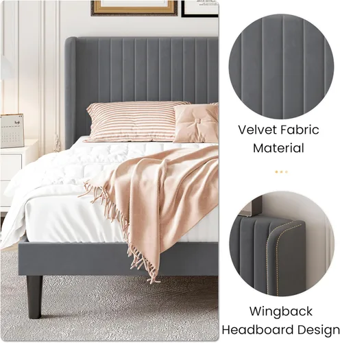 Vista 24 de SHA CERLIN Base de cama de terciopelo tamaño King con cabecera capitoné de canal vertical, plataforma tapizada con listones de madera, no necesita