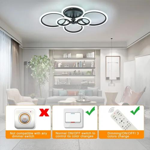 Vista 4 de SJV Lámpara de techo moderna: Lámpara de techo LED regulable de montaje empotrado - Luces de techo negras de 31.4 pulgadas, accesorios