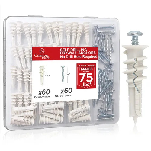Vista 16 de CrimsonMark Juego de 20 anclajes y tornillos autoperforantes para paneles de yeso #8 x 1-1/4 pulgadas, soporta hasta 75 libras, no requiere agujeros