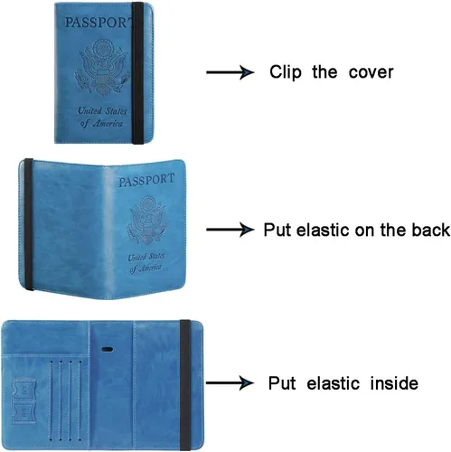 Vista 5 de Funda para pasaporte, cartera, artículos esenciales de viaje, con bloqueo RFID, funda de piel para tarjetas de viaje internacionales, accesorios