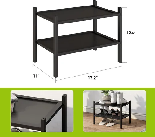 Vista 2 de BMOSU - Estante de zapatos pequeño de bambú de 2 niveles premium, organizador de almacenamiento apilable para pasillo, armario, sala de estar y Negro