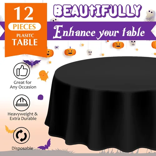 Vista 3 de Amylove Mantel de plástico desechable de Halloween para mesas redondas, impermeable, para fiestas y decoraciones de Halloween, 84 pulgadas, negro