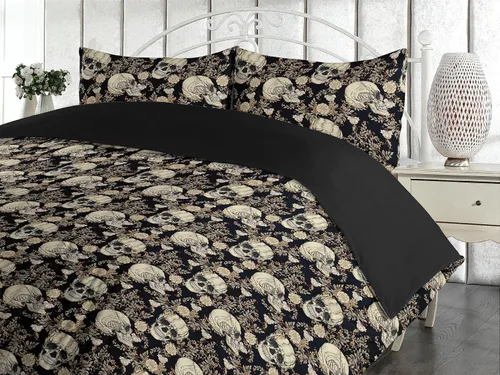 Vista 3 de Ambesonne Juego de funda de edredón de calavera, cabeza de esqueleto de estilo americano tradicional y boceto floral sobre arte estampado oscuro