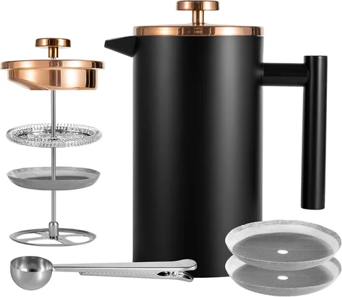Vista 9 de Prensa Francesa Pequeña 350ml Negra, Prensa Francesa de Acero Inoxidable con Pared Doble Aislada para Viaje y Camping, Cafetera de Café Colado