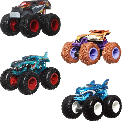 Hot Wheels Monster Trucks - Juego de 4 juguetes, paquete de 4 vehículos Fang Frenzy a escala 1:64, ruedas gigantes, personajes favoritos