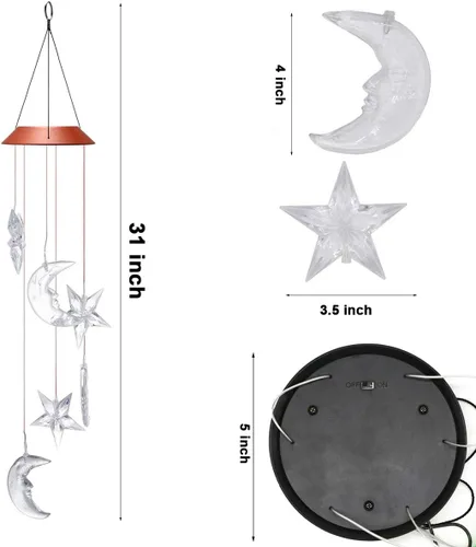 Vista 4 de Campanilla de viento LED solar de luna y estrella, cambiante de color, impermeable, seis luces colgantes, campanillas de viento, móvil solar