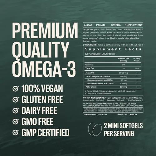Vista 10 de Orlo Omega 3 - Suplemento vegano Omega-3 (EPA y DHA) - Aceite de pescado extra fuerte y alternativa de krill de aceite de algas