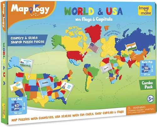 Vista 3 de Imagimake - Rompecabezas Mapology de mapa del mundo y de Estados Unidos, con banderas, mayúsculas, calcomanías, juguetes educativos y de geografía