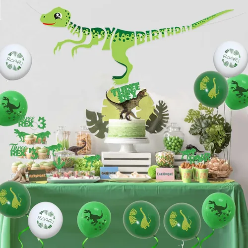 Vista 2 de Decoraciones de dinosaurio de tercer cumpleaños, fondo de tres decoraciones de fiesta de cumpleaños Rex, globos de fiesta de dinosaurio, decoración