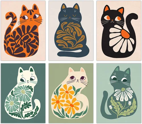 FEOFTIE - Carteles de pared con gatos en estilo bohemio neutro, plantas, imágenes retro de animales, impresión en verde, arte de gatos coloridos de