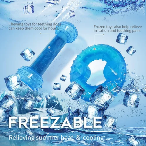 Vista 2 de Juguete de dentición congelable para cachorros, 1 anillo de dentición + 1 hueso de dentición congelable para perros juguetes masticables (azul)
