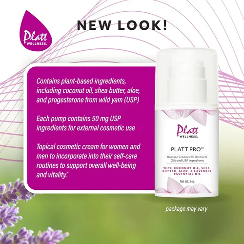 Vista 4 de Platt Pro Balance Cream con lavanda y aceites botánicos e ingredientes USP - 5% de progesterona, sin OMG, bomba de 3 onzas (3 onzas, lavanda)